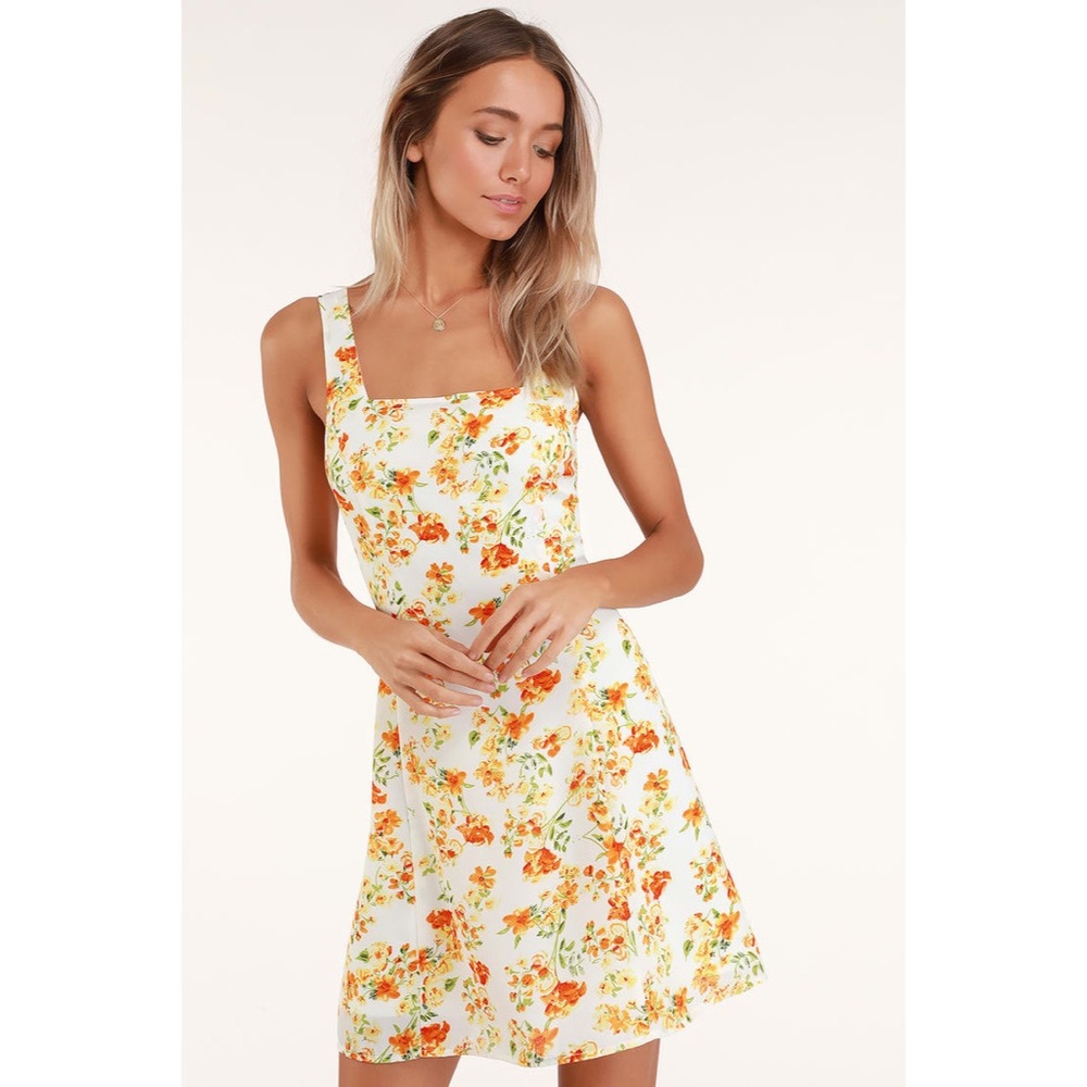 Lulu's Floral Yellow and Orange Mini Dress